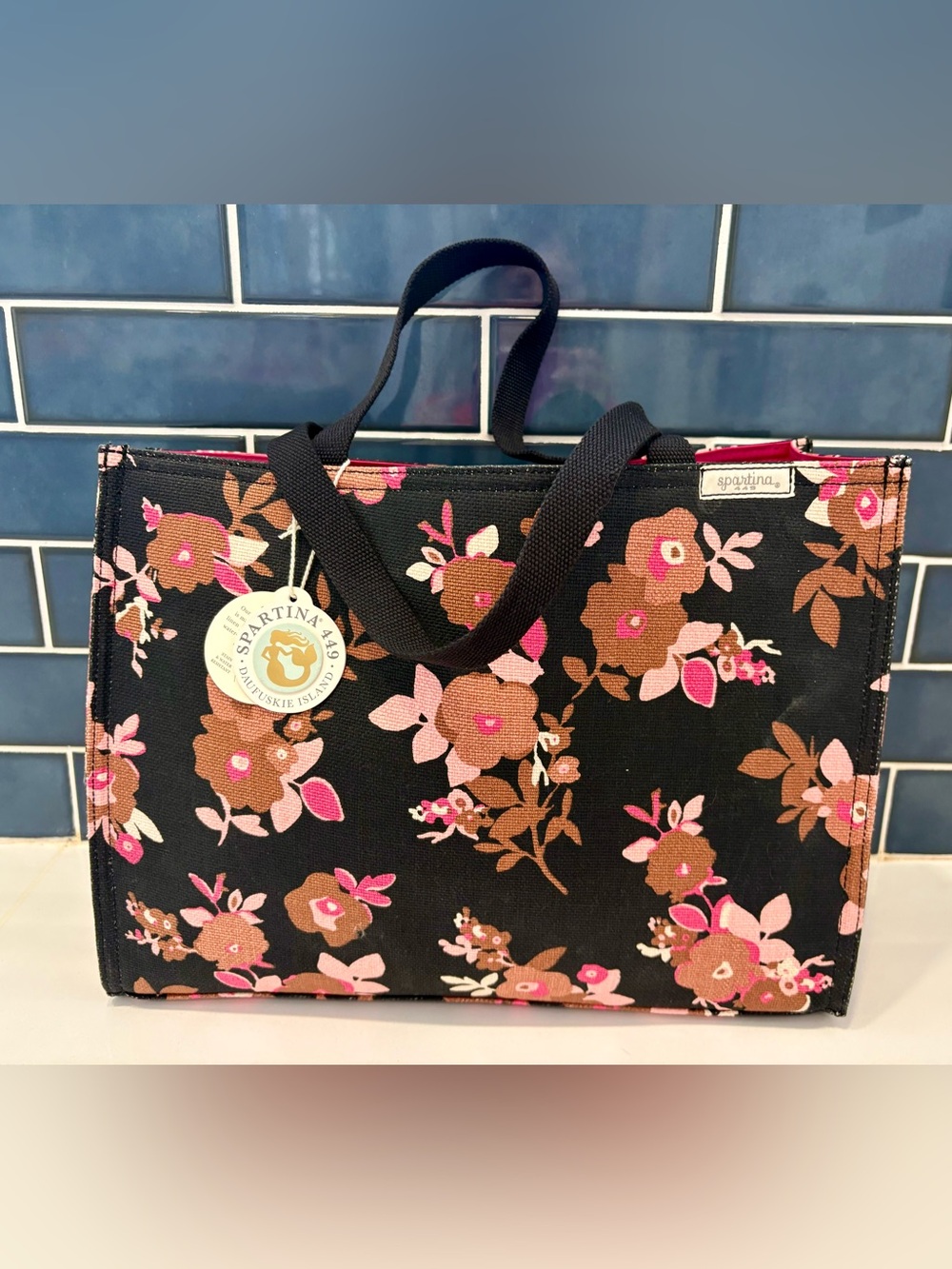 Spartina 449 Black Floral Linen Tote with Pink and Brown Blooms